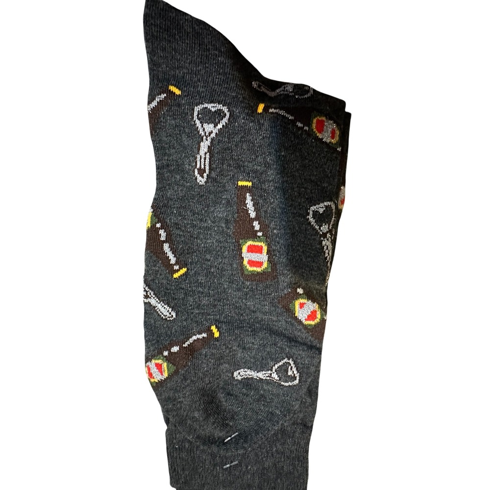 NWT Happy Threads Mens Crew Socks Beer Bottle Opener Novelty Charcoal Size 6-12
